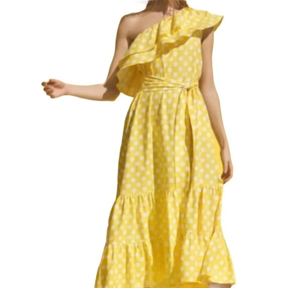 Lisa Marie Hernandez Linen Blend Polka Dot Ruffle Dress Yellow Size XS NWT - Picture 14 of 15